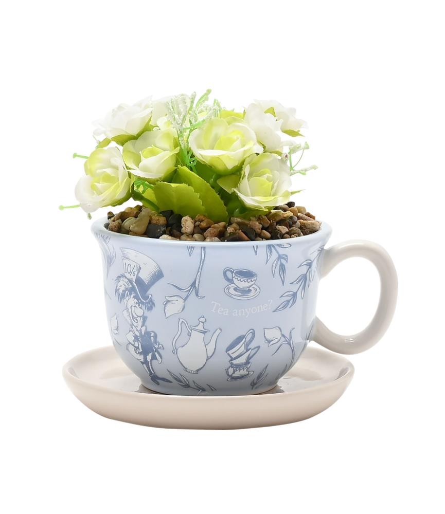Alice in Wonderland Tea Cup Planter with Faux Plant
