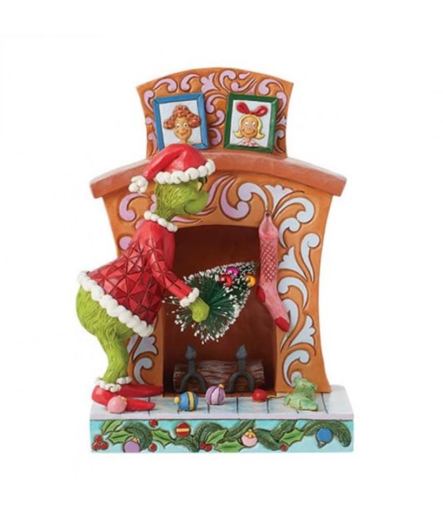 Grinch Pushing Tree up Fireplace Figurine