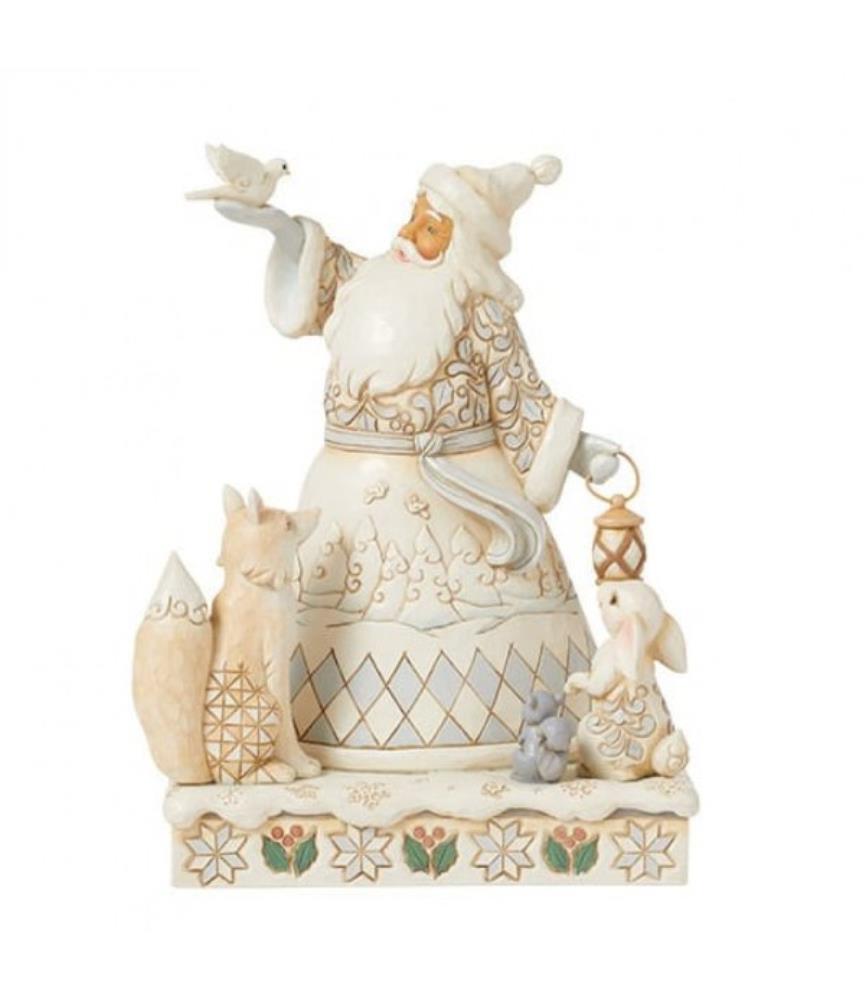 White Woodland Santa with Doves and Lantern Figurine